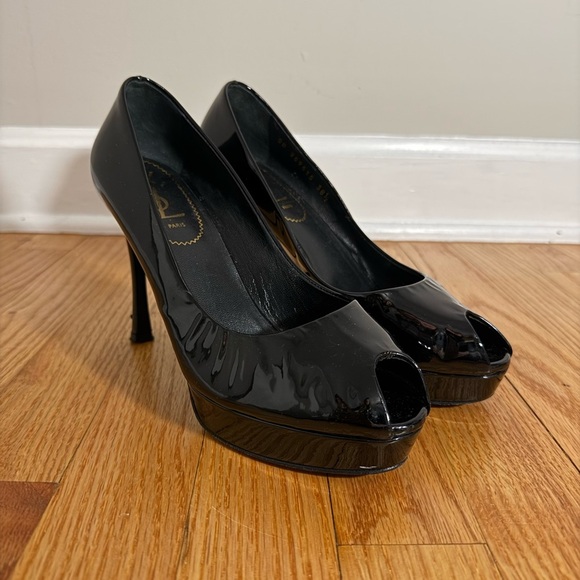 Yves Saint Laurent Shoes - Yves Saint Laurent 7.5 Black Patent Leather Peep Toe Pumps classy, formal, YSL